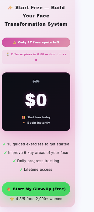 ✅Start Free — Unlock Your Face Transformation System  .                         ✅ Unlock your system with a one-time activation ($4.90) ✔Includes your personal tracker, ✔lifetime access & all future updates — ✔no subscription